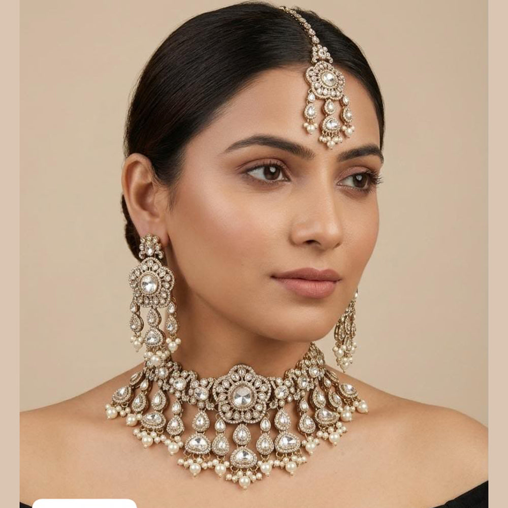 Tanish Art Jewellery Grand Pota Stone And Pearl Choker Necklace Set
