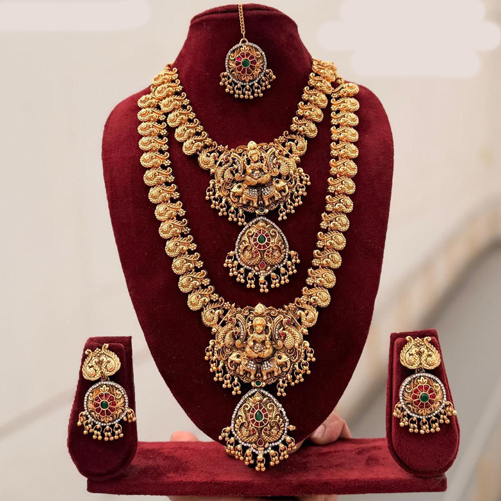 Tanish Art Jewellery Premium Pota Stone And Pearl Double Necklace Set With Earrings