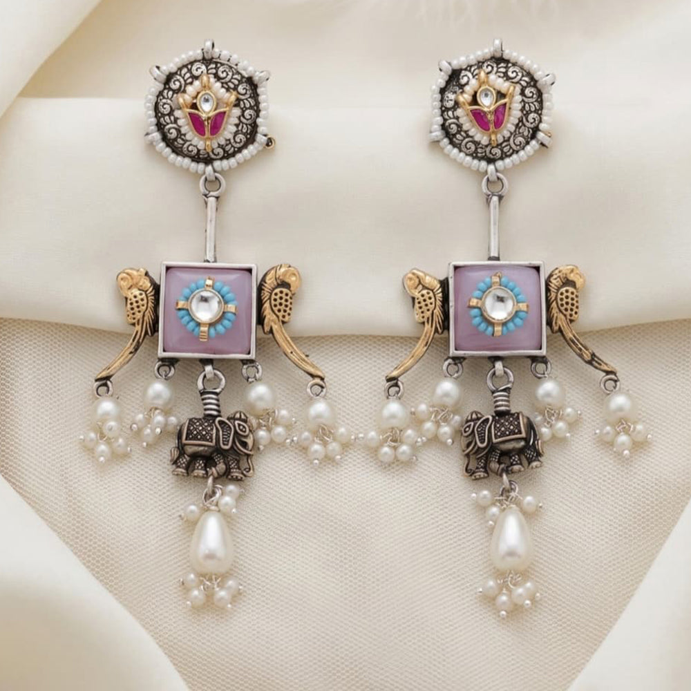 Tanish Art Jewellery 2 Tone Plated Pota Stone And Pearl Dangler Earrings