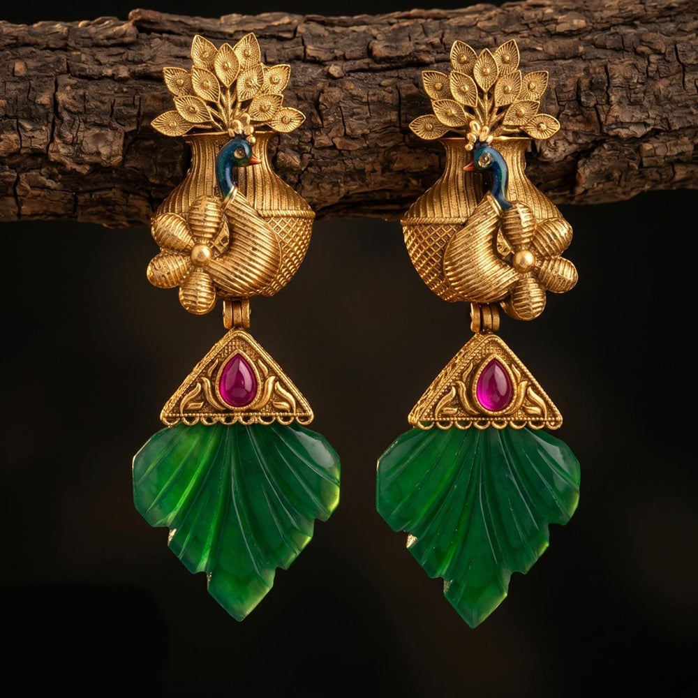 Tanish Art Jewellery Premium Copper Peacock Pota Stone Dangler Earrings