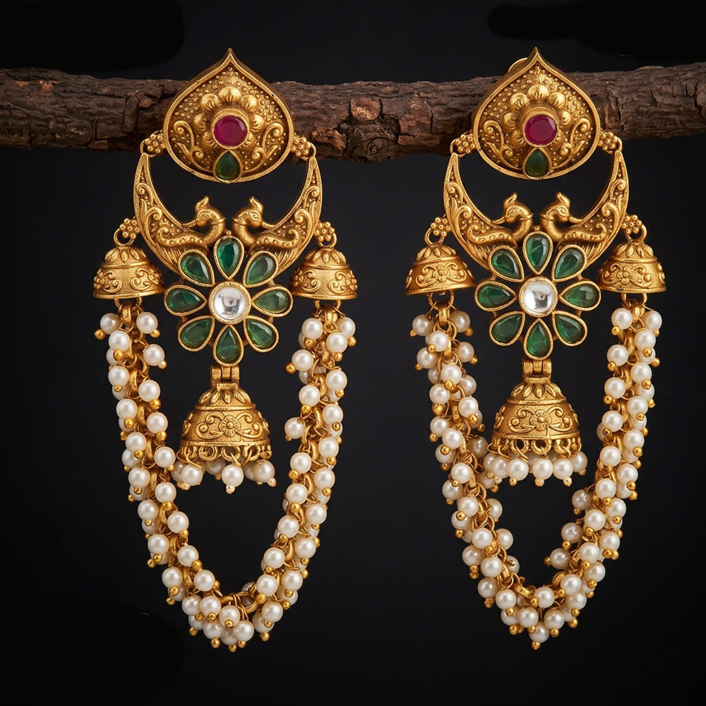 Tanish Art Jewellery Premium Copper Pota Stone And Pearl Jhumki Earrings
