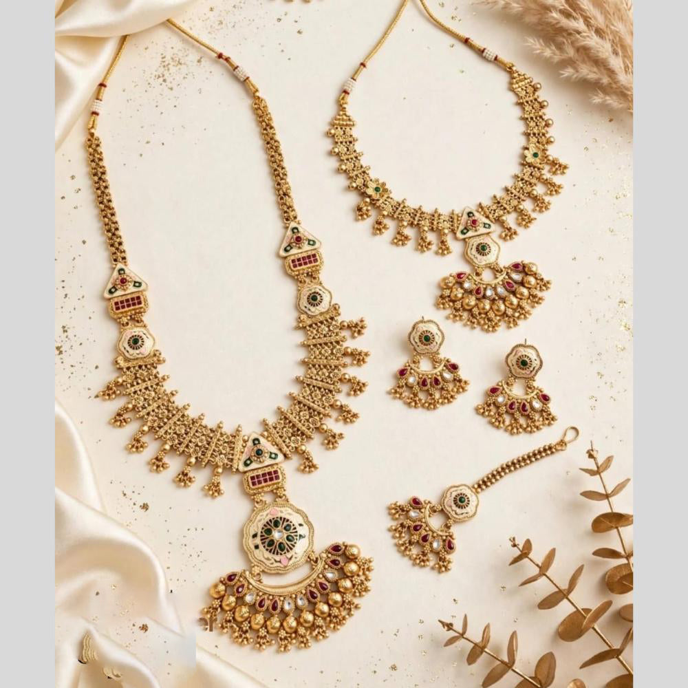 Tanish Art Jewellery Traditional Pota Stone And Beads Meenakari Double Necklace Set