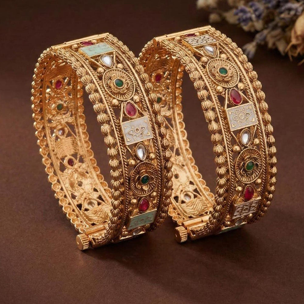 ZF Collection Designer Pota Stone Meenakari Openable Bangles Set