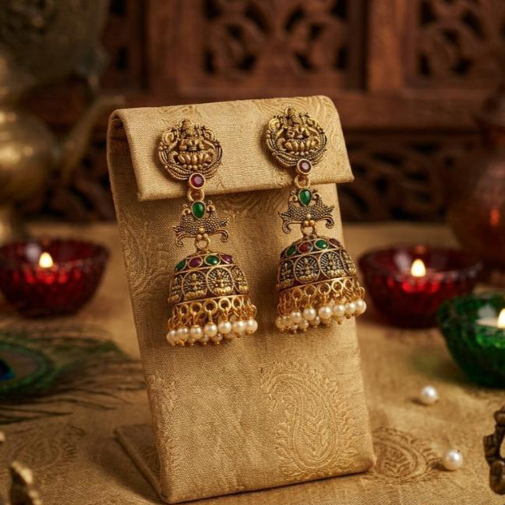 Kishi Jewels Pota Stone And Pearl South Indian Style Temple Jhumki Earrings (Pack of 12)