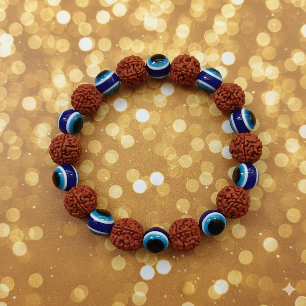 Urthn Evil Eye And Rudraksha Stretchable Bracelet (Pack Of 6)