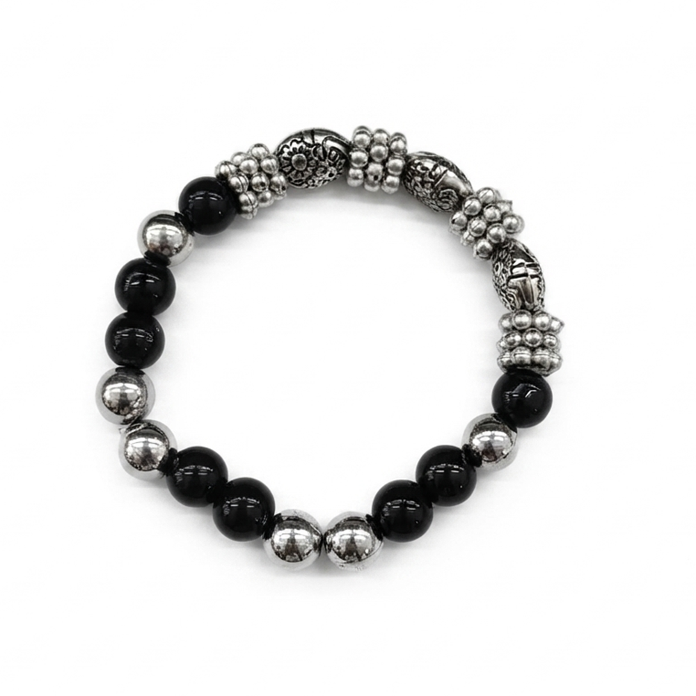 Urthn Stylish Black Beaded with Oxidised Charm Bracelet for Women & Girls - 1405168(Pack Of 6)