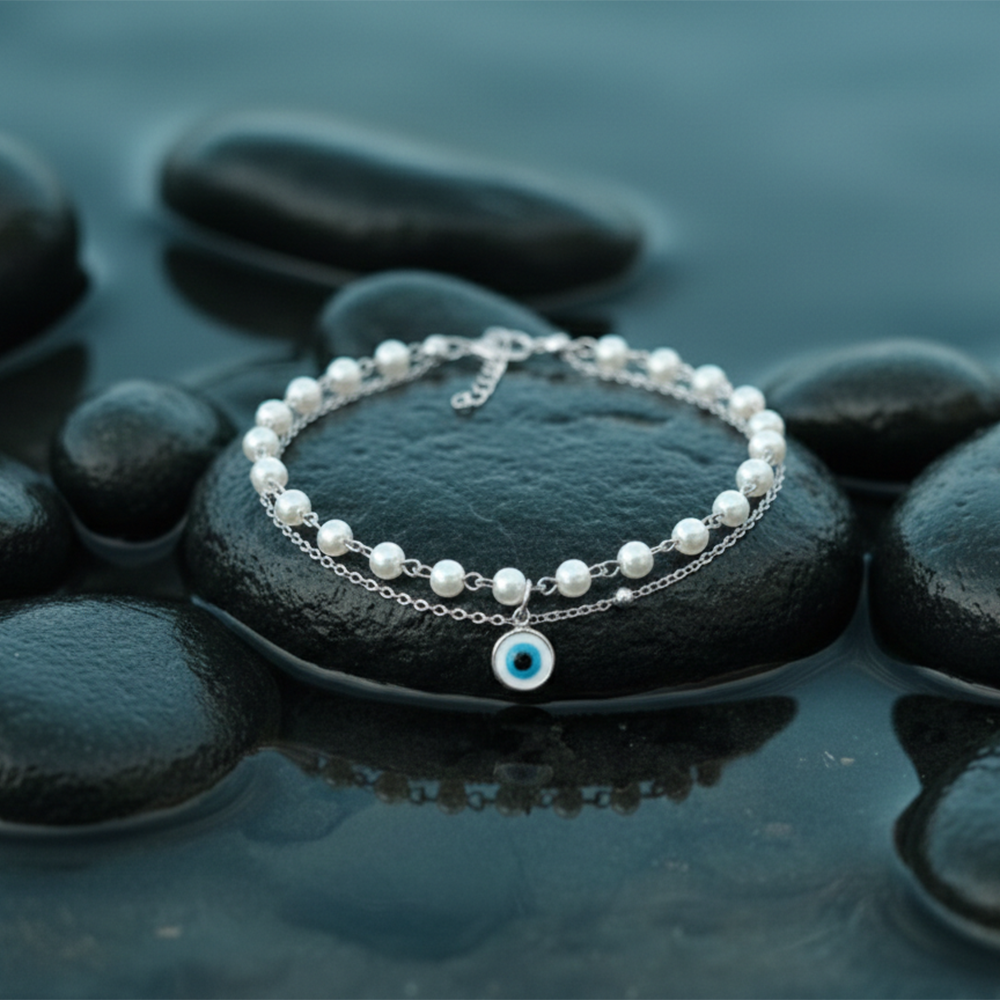 Urthn Silver Plated Evil Eye & Pearl Multi Layer Bracelet(Pack of 6)