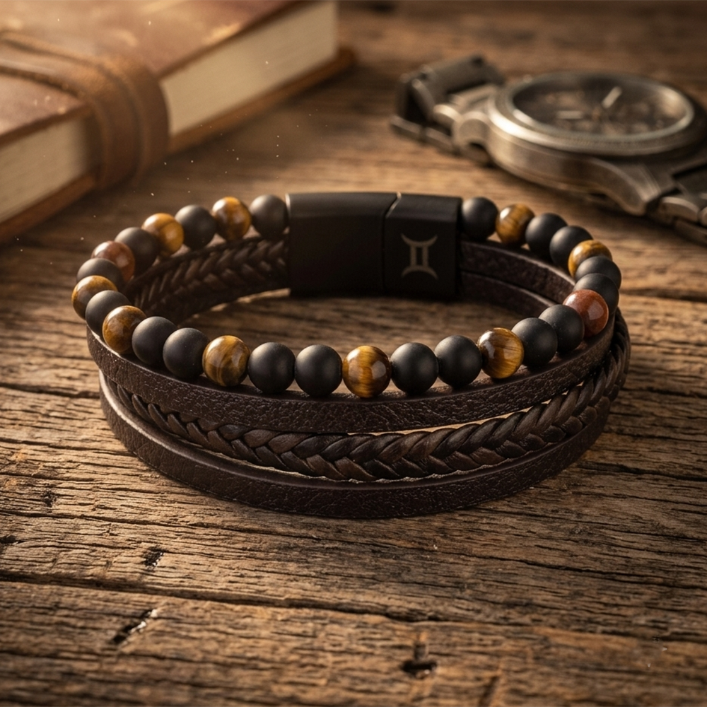 Urthn Layered Beaded Charm Bracelet with Woven Strap Design For Men (Set of 6)