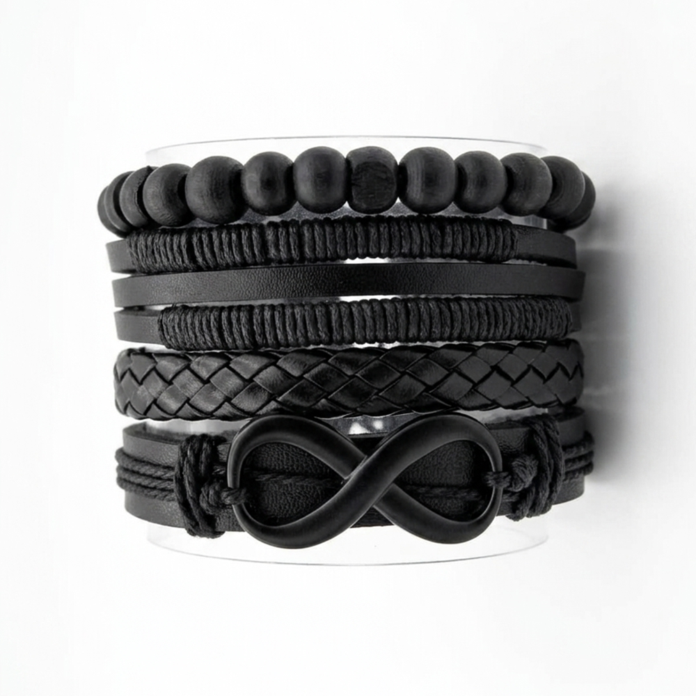 Urthn Layered Beaded Charm Bracelet with Woven Strap Design For Men (Set of 6)