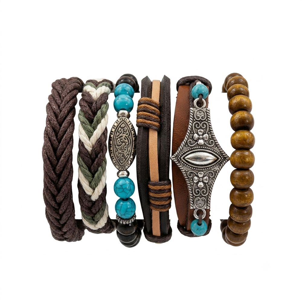 Urthn Layered Beaded Charm Bracelet with Woven Strap Design For Men (Set of 6)