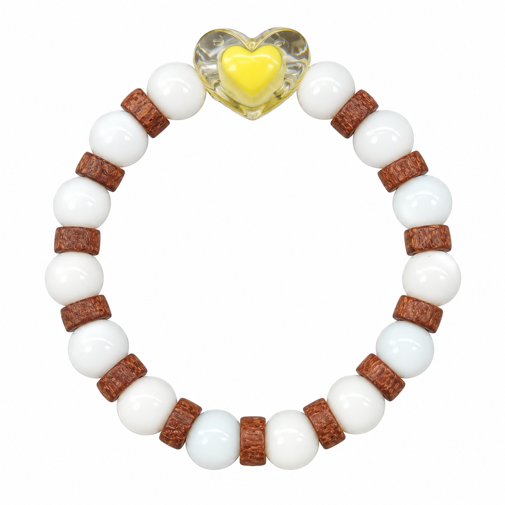 Urthn White Beaded Bracelet with Heart Charm & Wooden Bead Accents(Pack of 12)