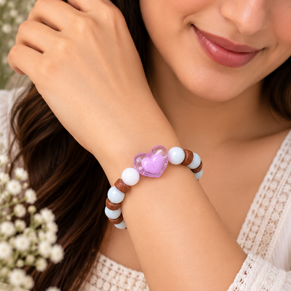 Urthn White Beaded Bracelet with Heart Charm & Wooden Bead Accents(Pack of 12)