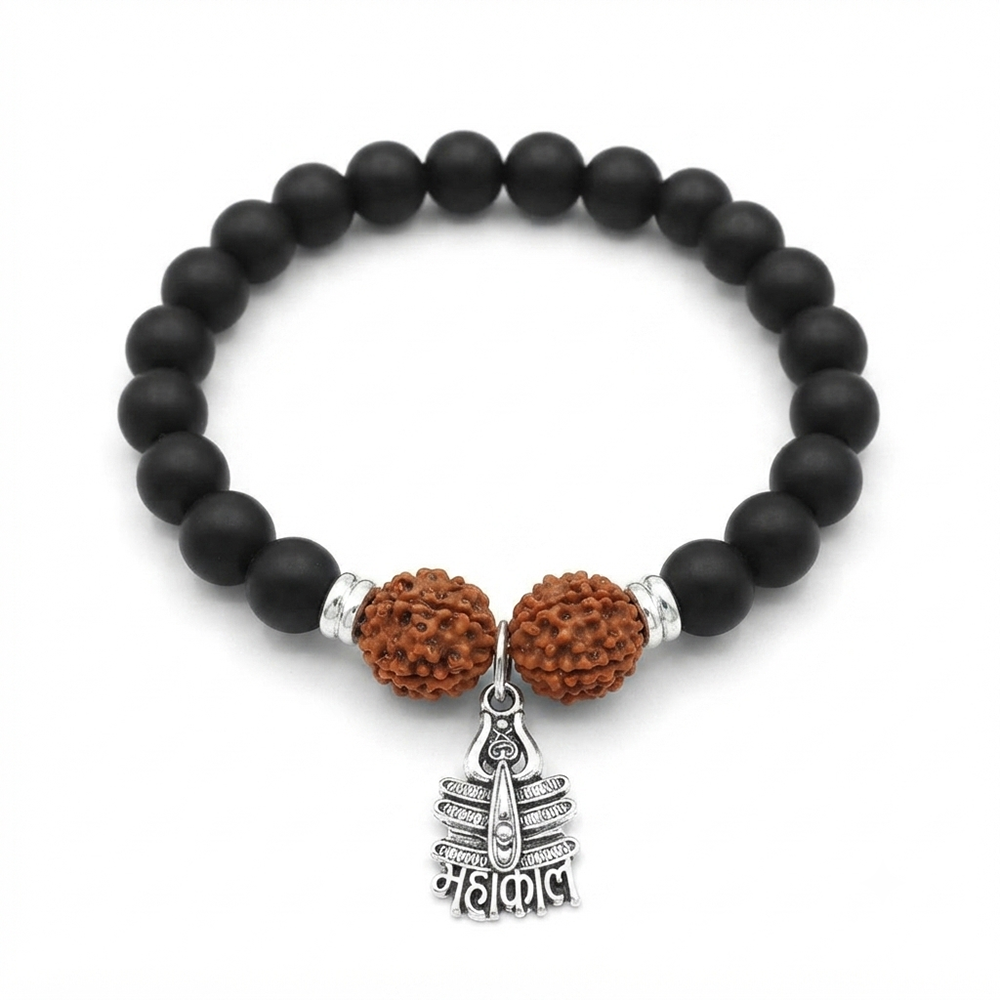 Urthn Rudraksha & Matte Beads Bracelet with Mahakal Charm for Mens(Pack of 12)
