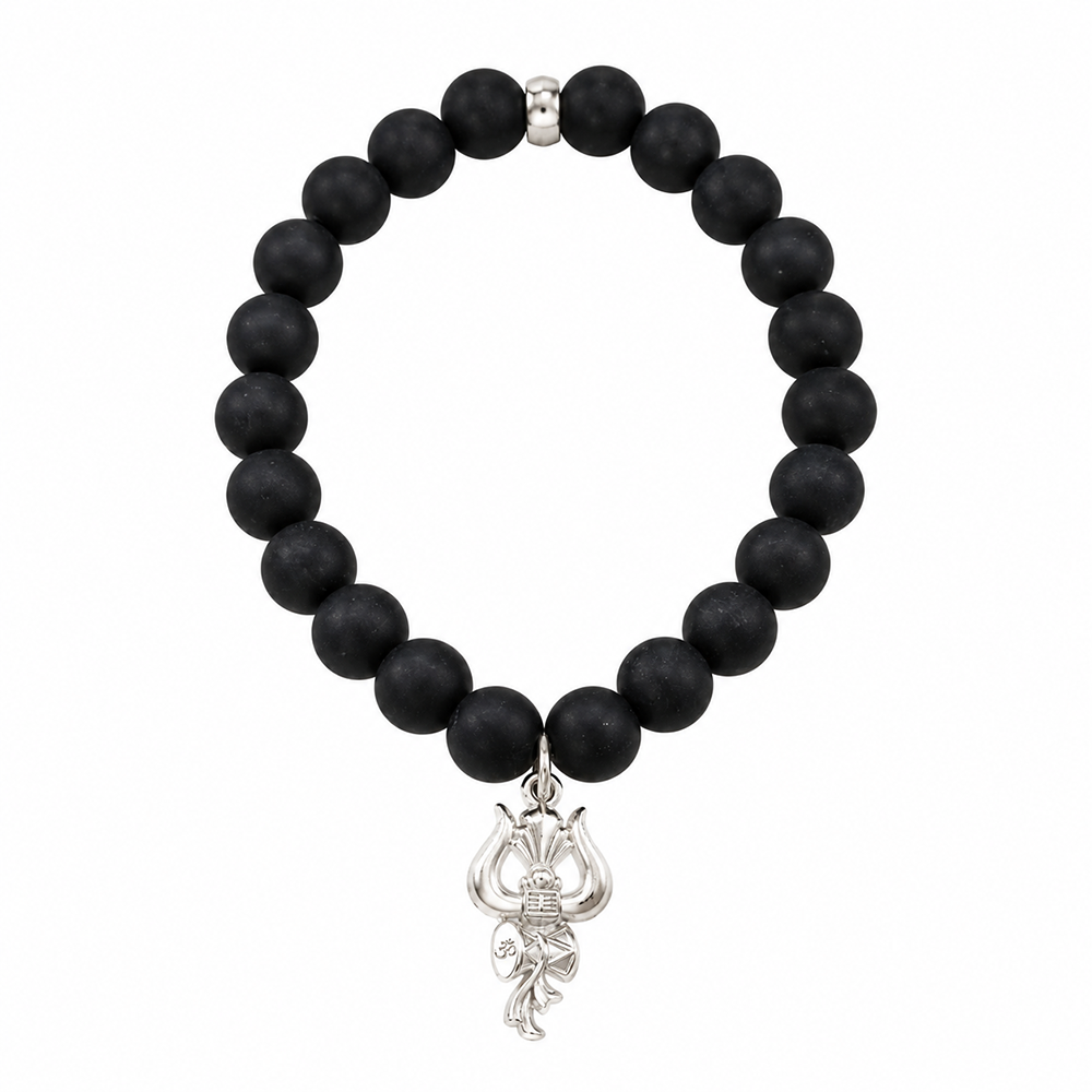 Urthn Black Matte Beads Bracelet with Trishul Charm for Mens(Pack of 12)