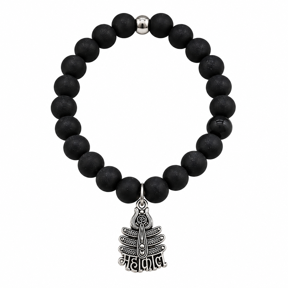 Urthn Black Matte Beads Bracelet with Mahakal Charm for Mens(Pack of 12)