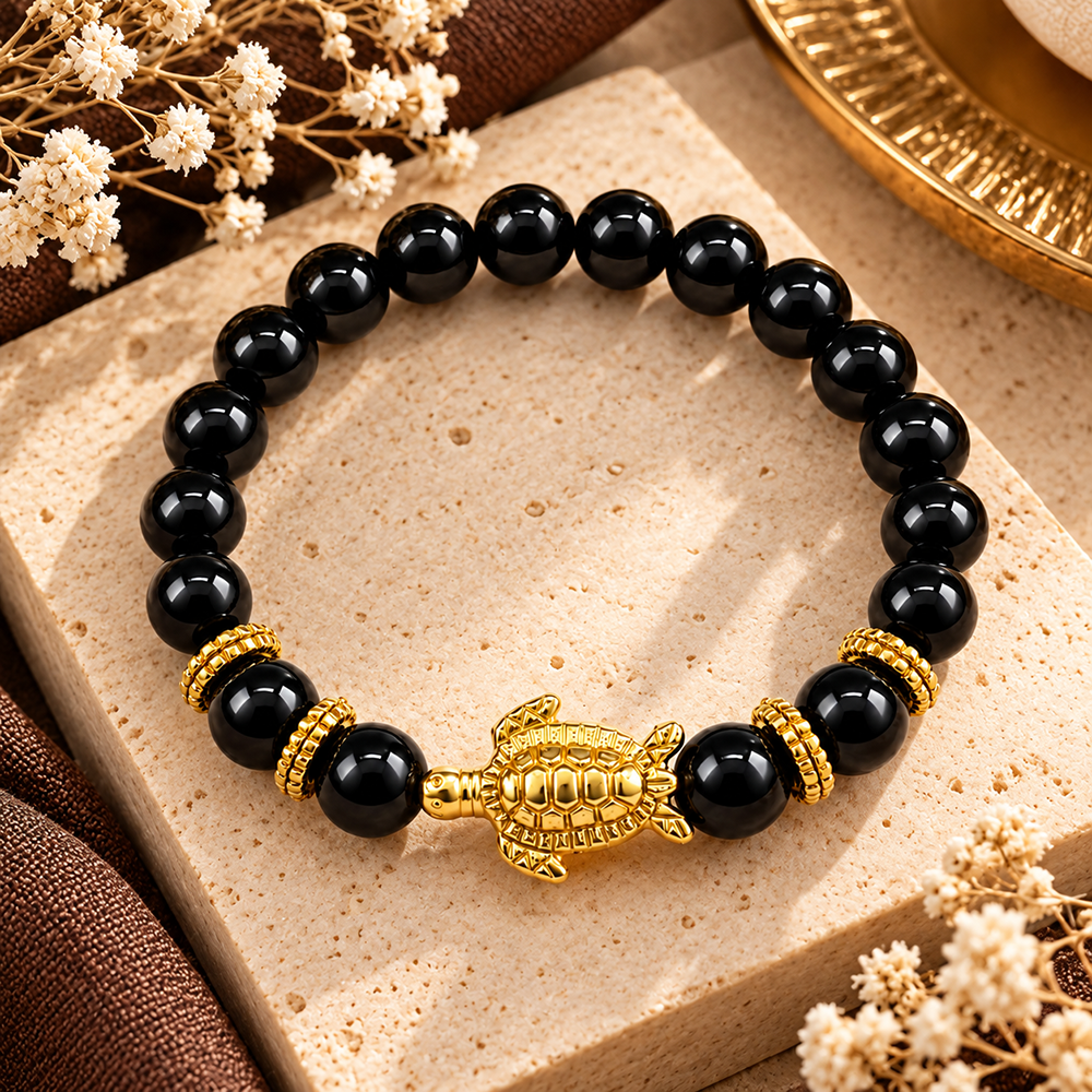 Urthn Trendy Black Beads Bracelet with Gold Plated Turtle Charm for Women & Men's