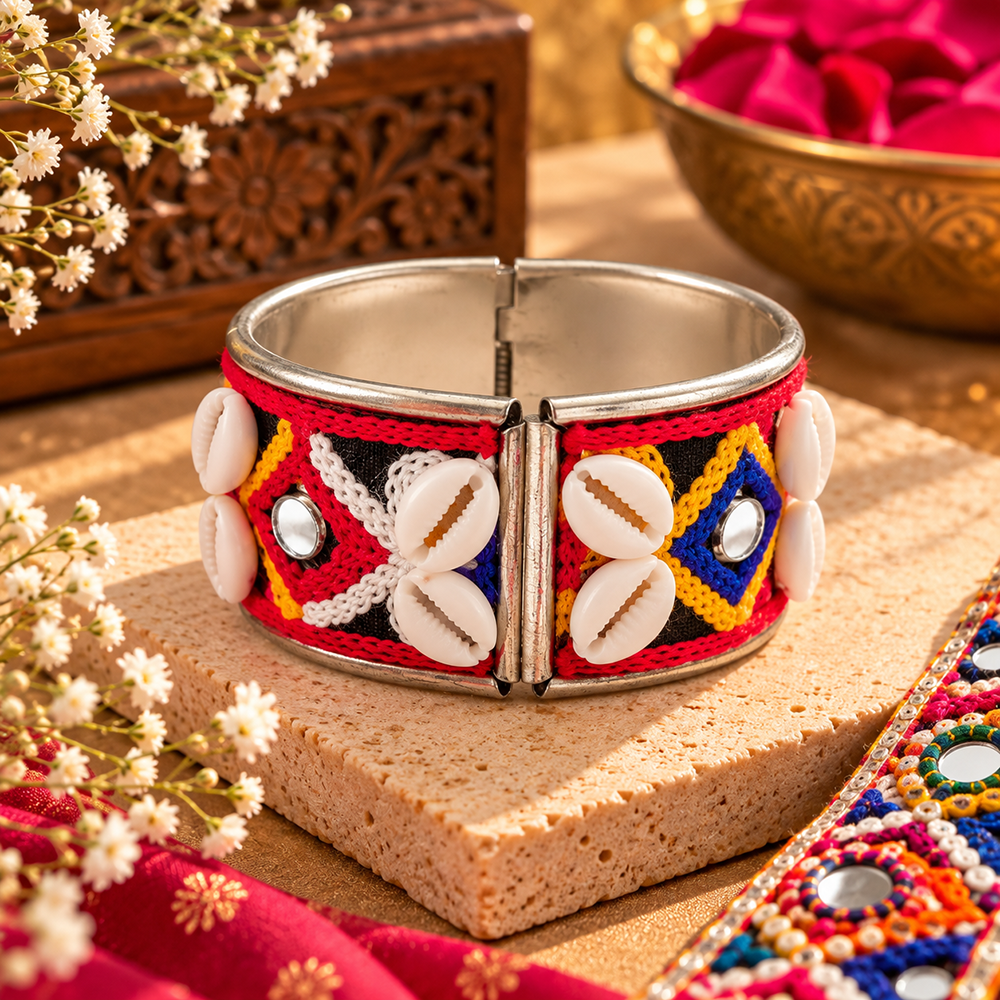 Urthn Colourful Navratri Shell & Mirror Work Traditional Kada Bracelet
