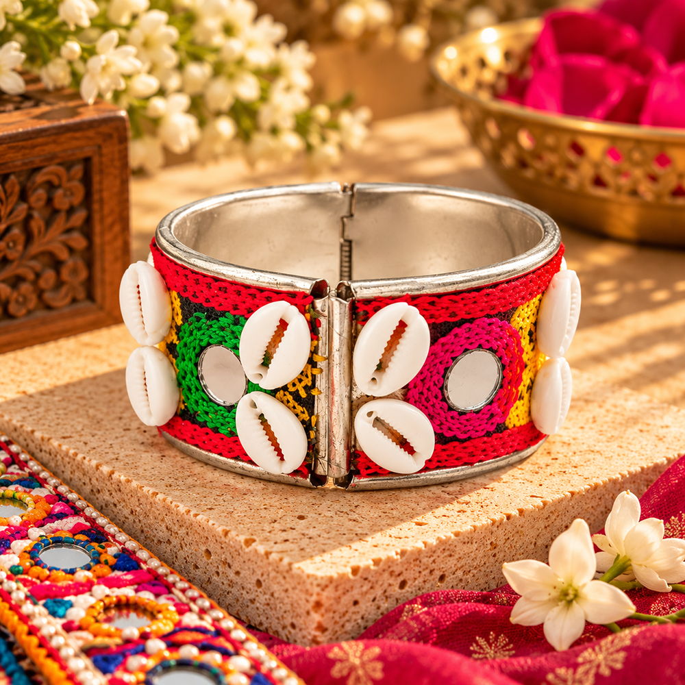 Urthn Colourful Navratri Shell & Mirror Work Traditional Kada Bracelet