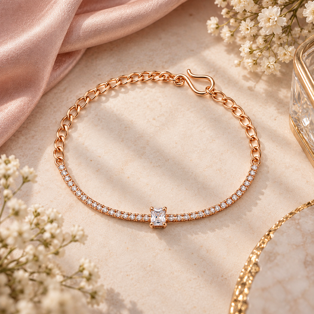 Urthn Everglow Rose Gold Plated Round Shape American Diamond Bracelet for Women