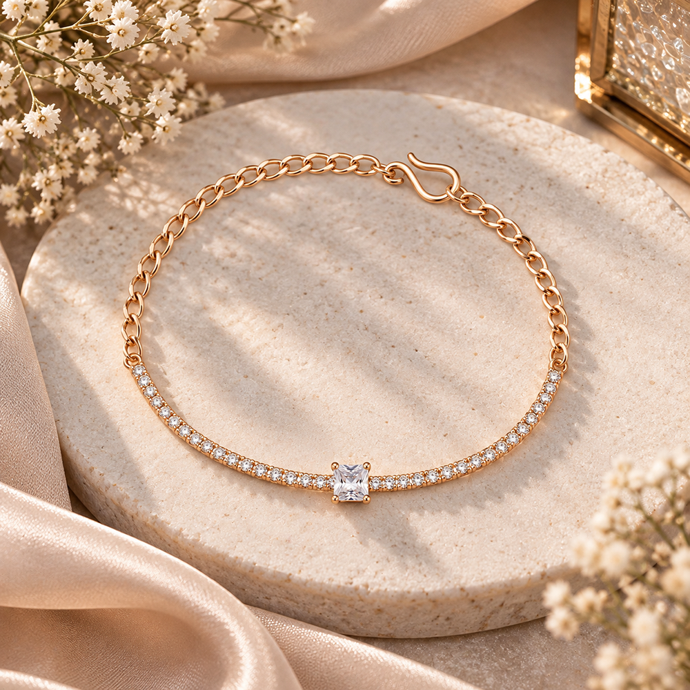 Urthn Everglow Rose Gold Plated Rectangle Shape American Diamond Bracelet for Women
