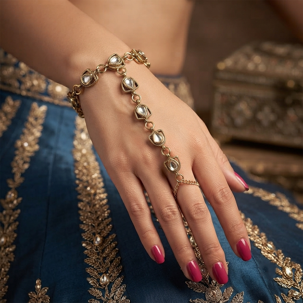 Darshana Jewels Gold Plated Kundan Stone Hath Panja Traditional Hand Jewellery for Women