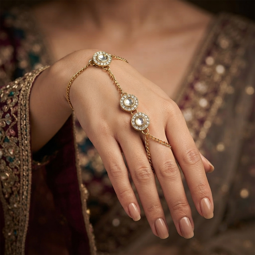 Darshana Jewels Gold Plated Kundan Stone Hath Panja Traditional Hand Jewellery for Women (Pack of 3)