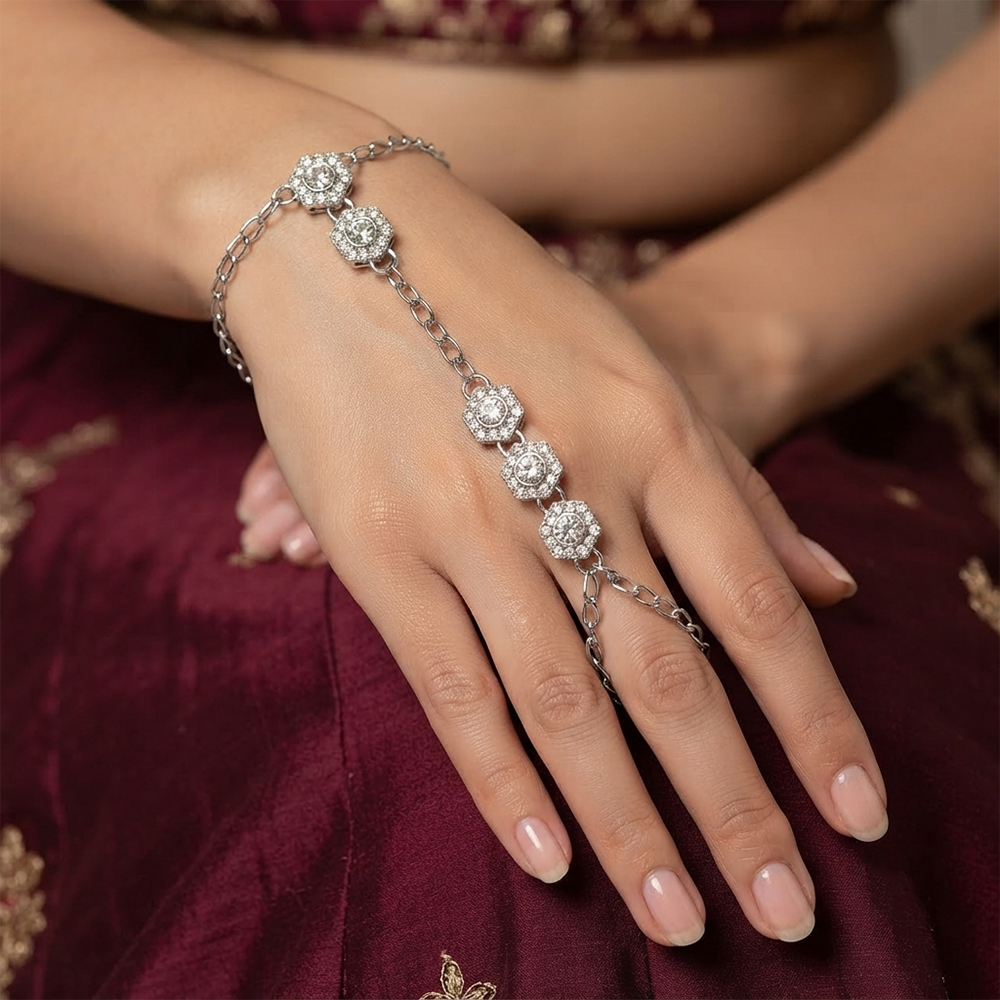 Darshana Jewels Silver Plated Kundan Stone Hath Panja Traditional Hand Jewellery for Women (Pack of 3)