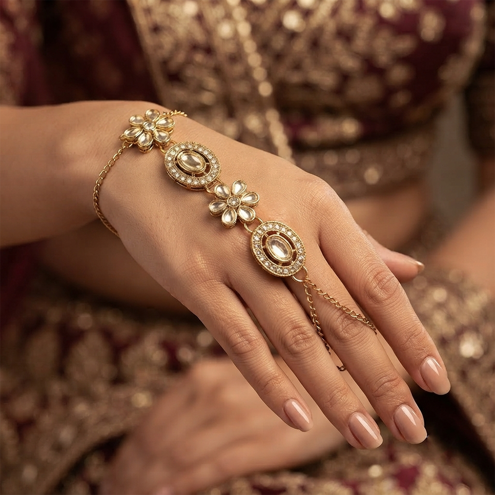 Darshana Jewels Gold Plated Kundan Stone Hath Panja Traditional Hand Jewellery for Women (Pack of 3)