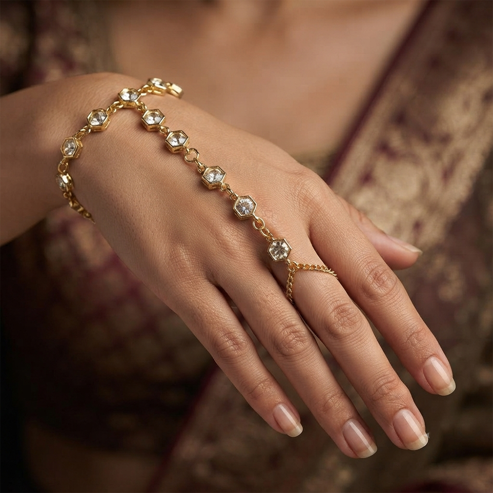Darshana Jewels Gold Plated Kundan Stone Hath Panja Traditional Hand Jewellery for Women (Pack of 3)