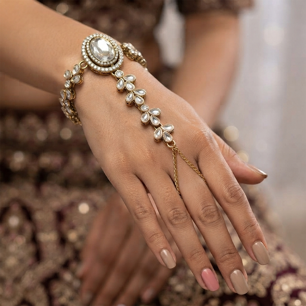 Darshana Jewels Gold Plated Kundan Stone Hath Panja Traditional Hand Jewellery for Women