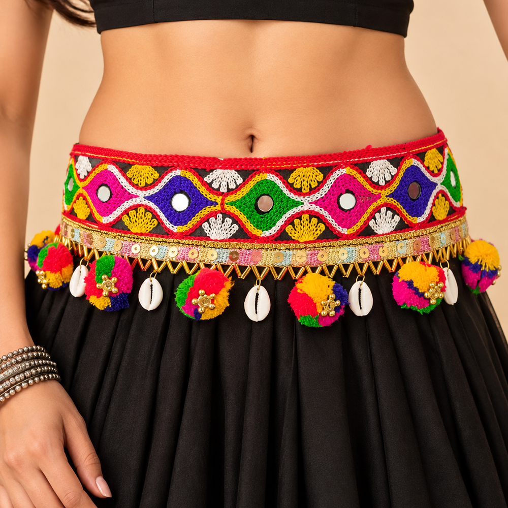 Urthn Vibrant Mirror Work Multicolor Pearl Assorted Design Kamarband Waist Belt for Navratri & Festive Occasions(Pack Of 3)
