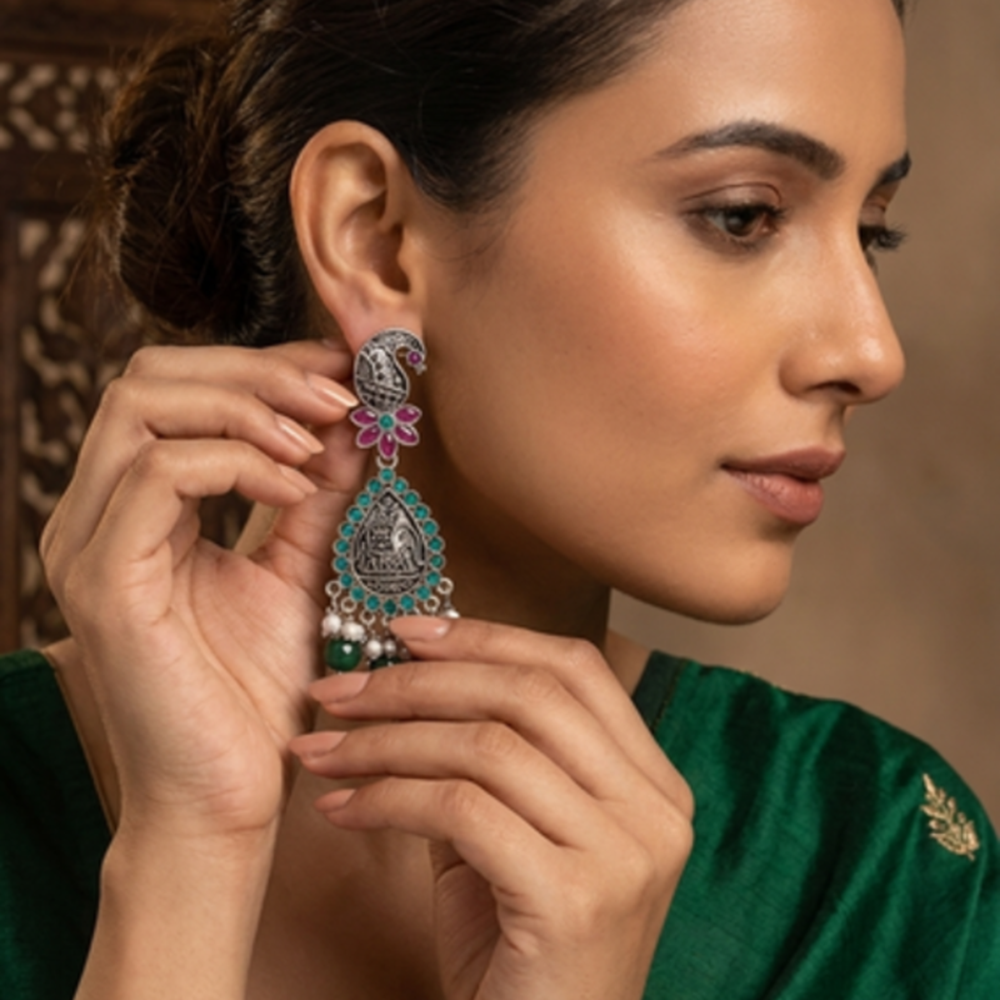 Wearhouse Fashion Oxidised Plated Pota Stone And Pearl Dangler Earrings