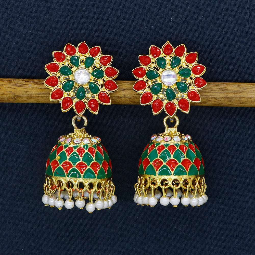 Mahavir Elegant Gold Plated Pota And Pearl Meenakari Jhumki Earrings