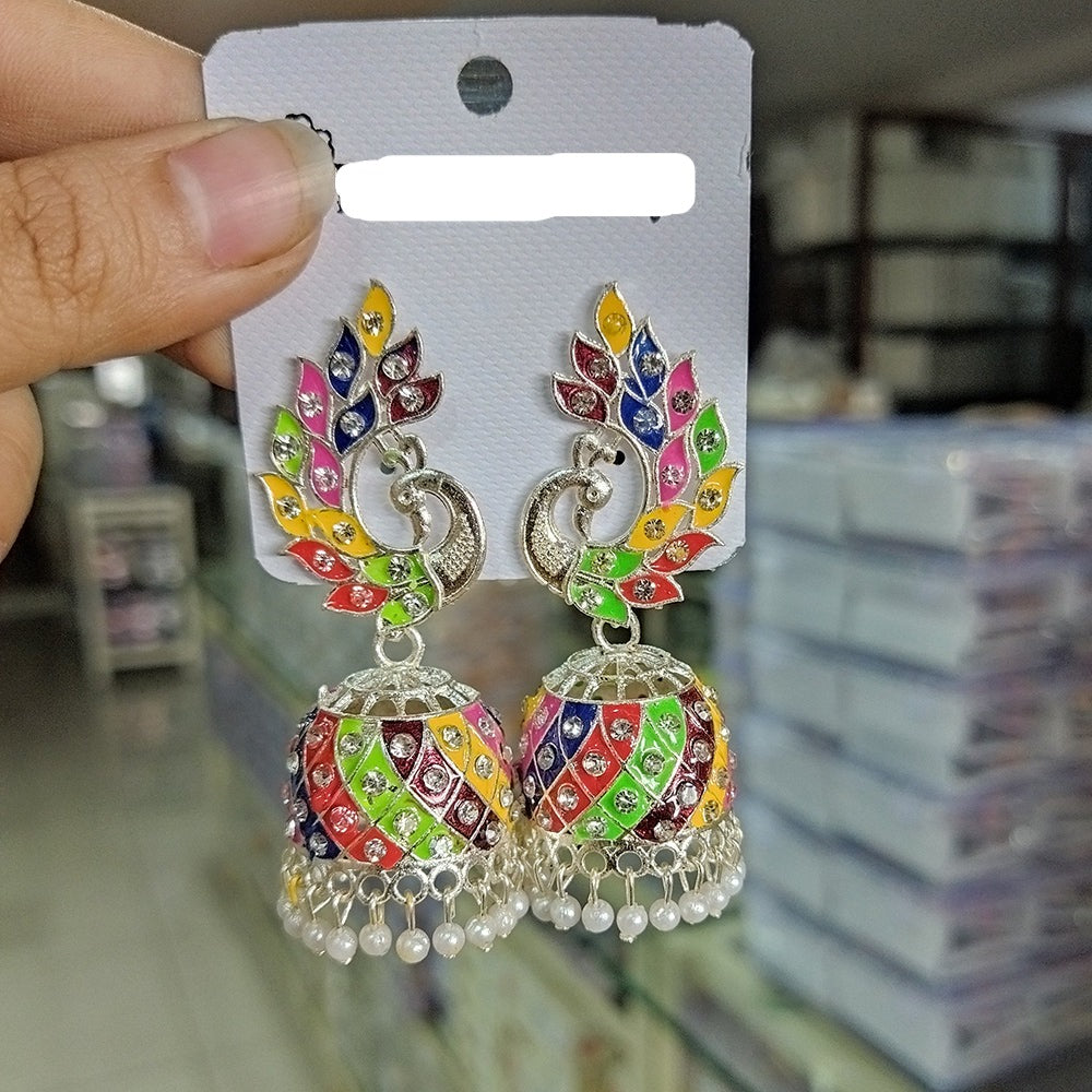 Mahavir Silver Plated Meenakari Jhumki Earrings