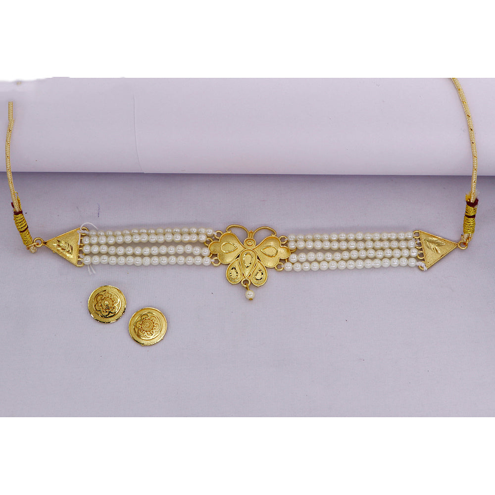 Mahavir Gold Plated Pearl Choker Necklace Set