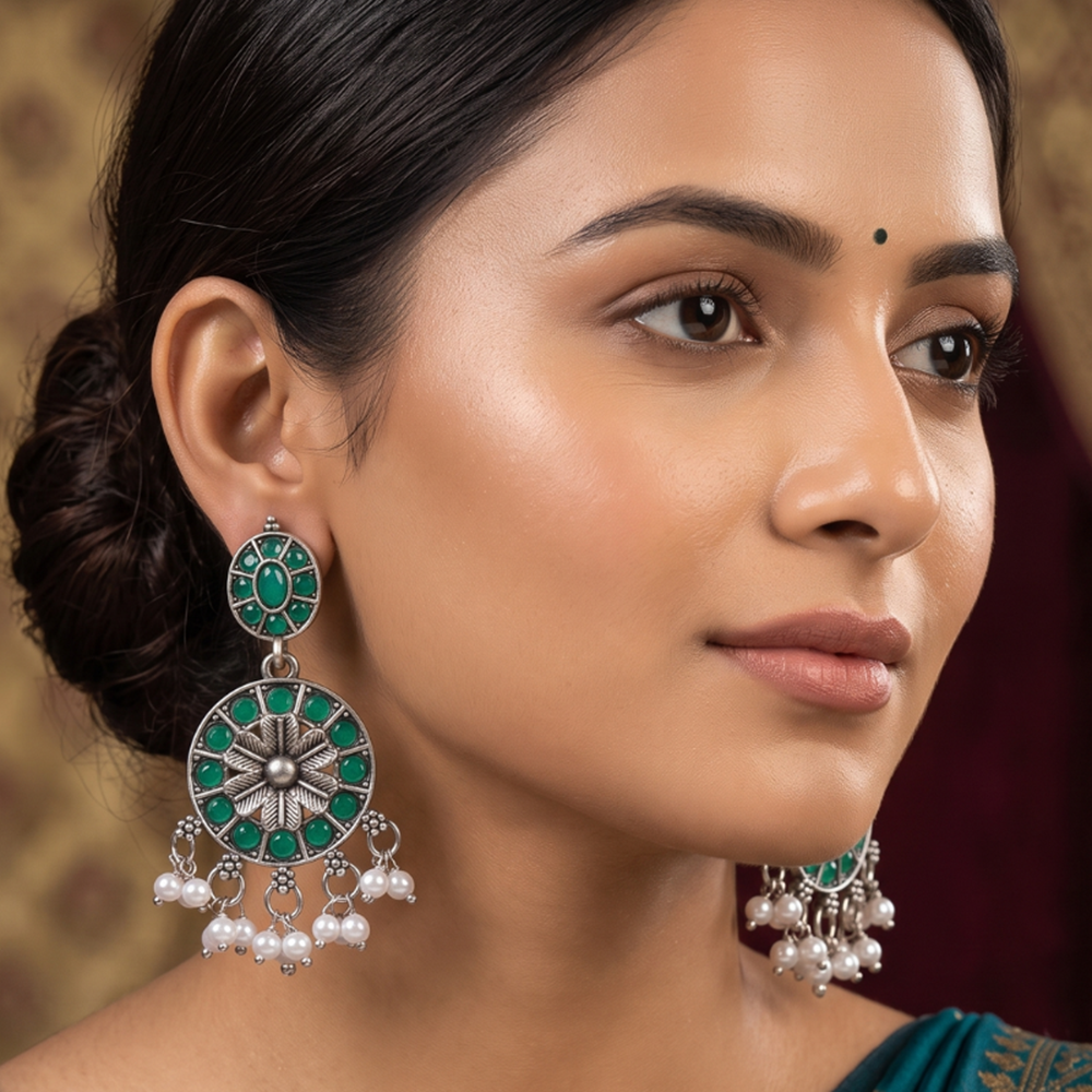 Wearhouse Fashion Oxidised Plated Pota Stone And Pearl Dangler Earrings