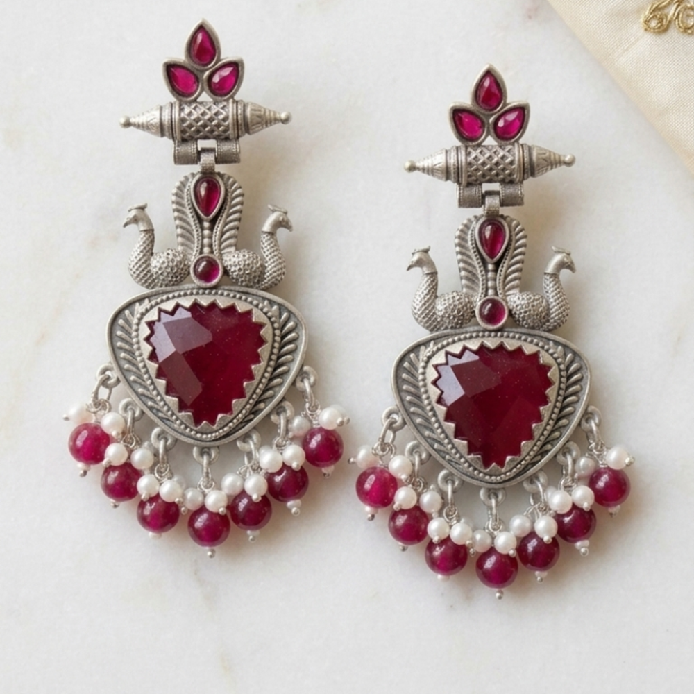 Wearhouse Fashion Oxidised Plated Pota Stone And Pearl Dangler Earrings