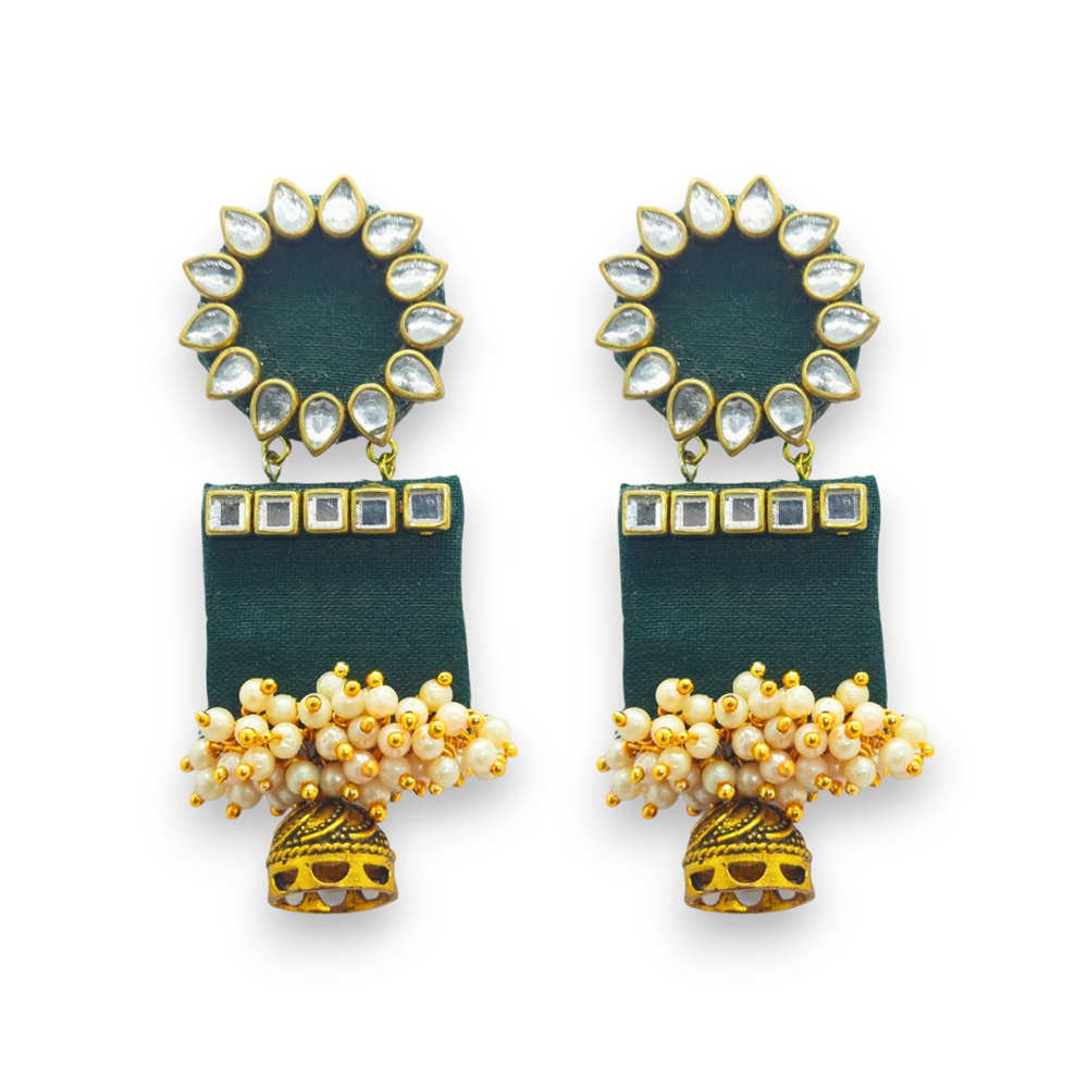 Handmade For Her Women's Handmade Green Wooden Earring With Kundan And Beads