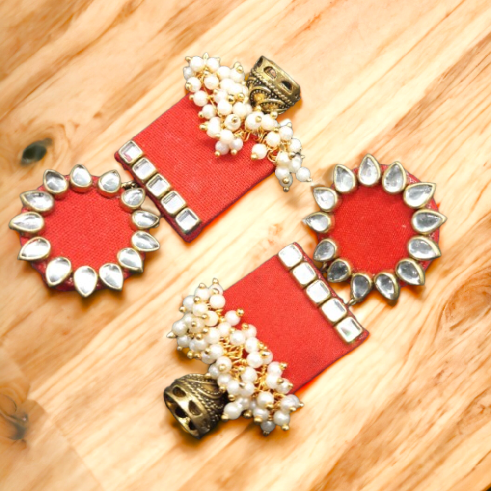Handmade For Her Women's Handmade Red Wooden Earring With Kundan And Beads