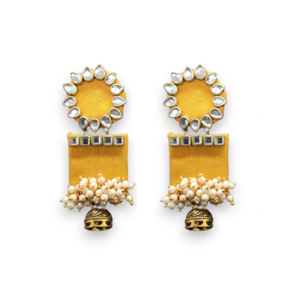 Handmade For Her Women's Handmade Yellow Wooden Earring With Kundan And Beads