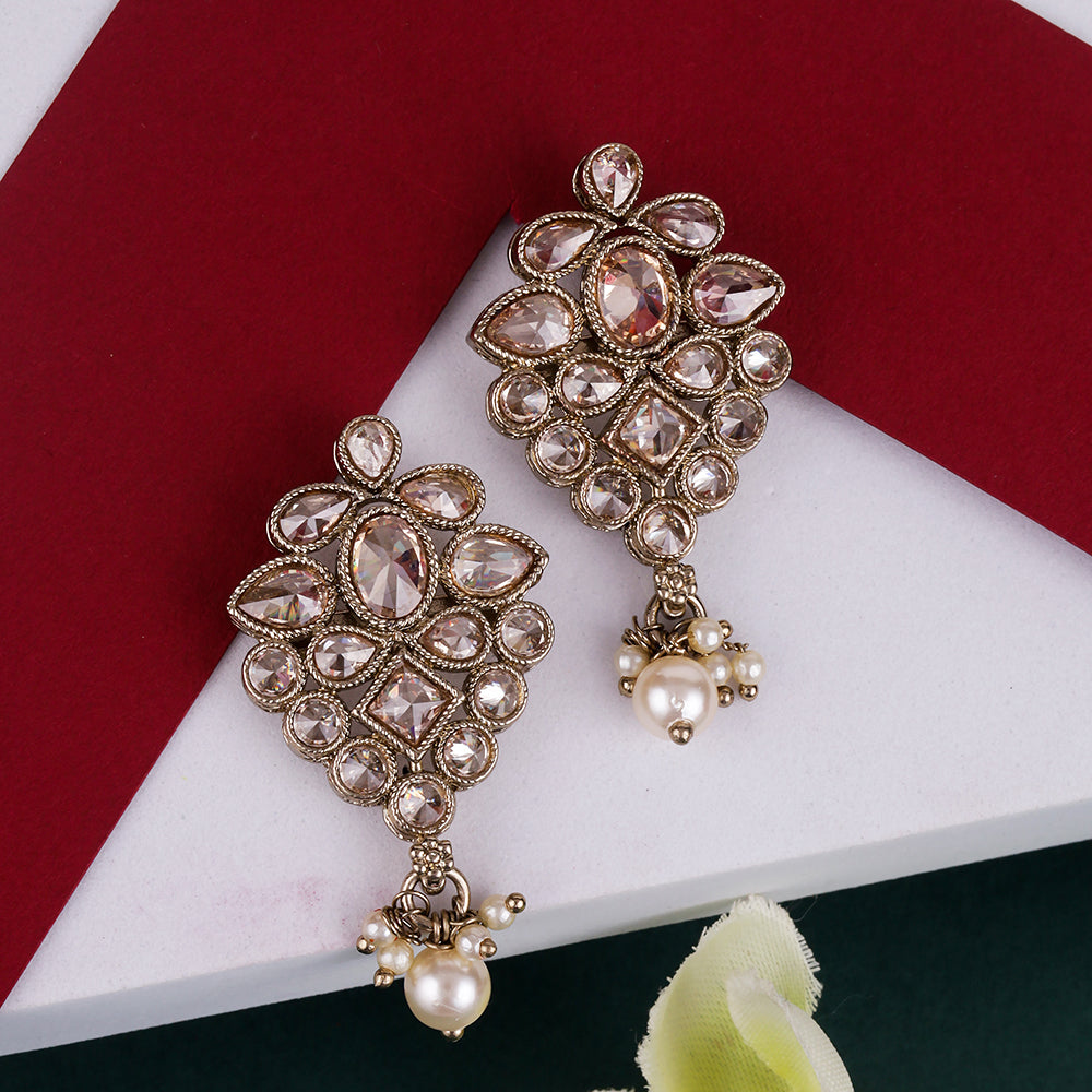 Saloni Fashion Jewellery Lavish Flower Design Brown Uncut Kundan Stone Mother of Pearl Antique Gold Plated Dangle Earring For Women and Girls