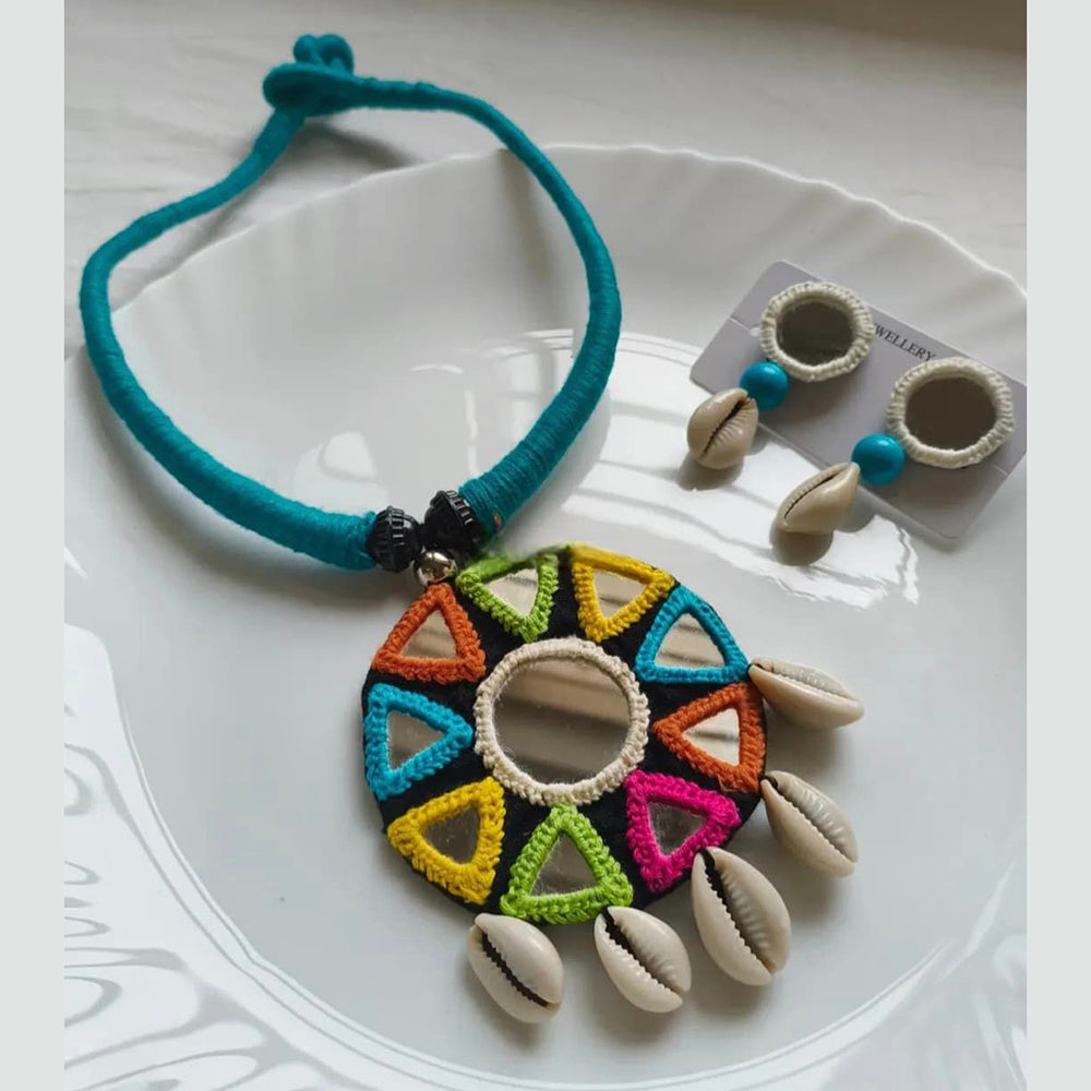 Handmade For Her Mirror Work Tribal Necklace Set with Cowrie Shells & Earrings | Boho Handmade Jewelry