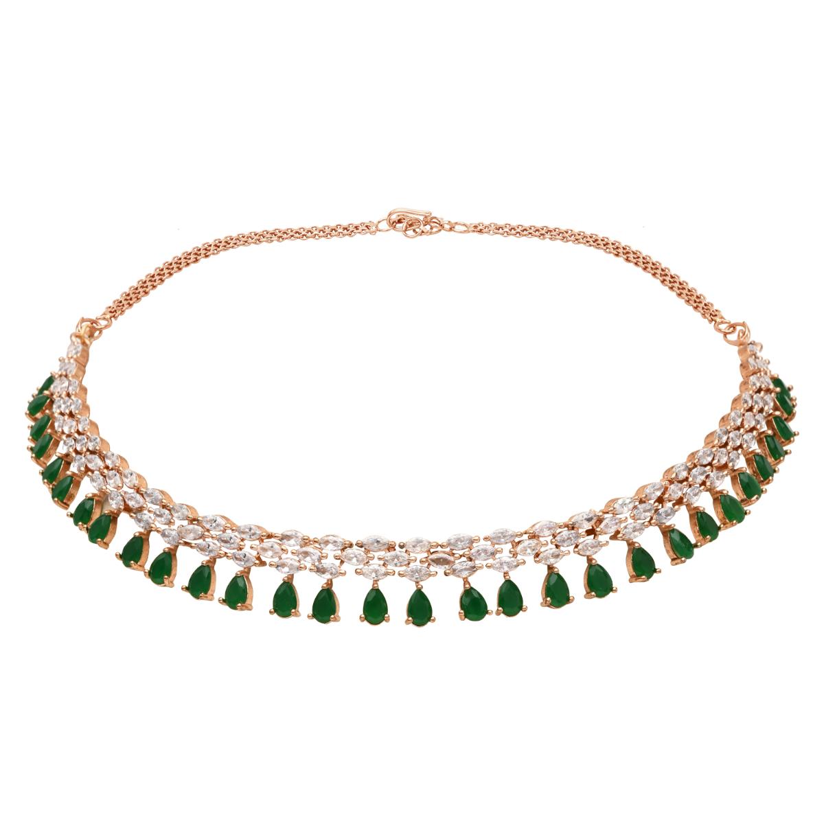 Etnico Rose Gold Plated Cubic Zirconia American Diamond Necklace & Dangle Earrings Jewellery Set for Women
