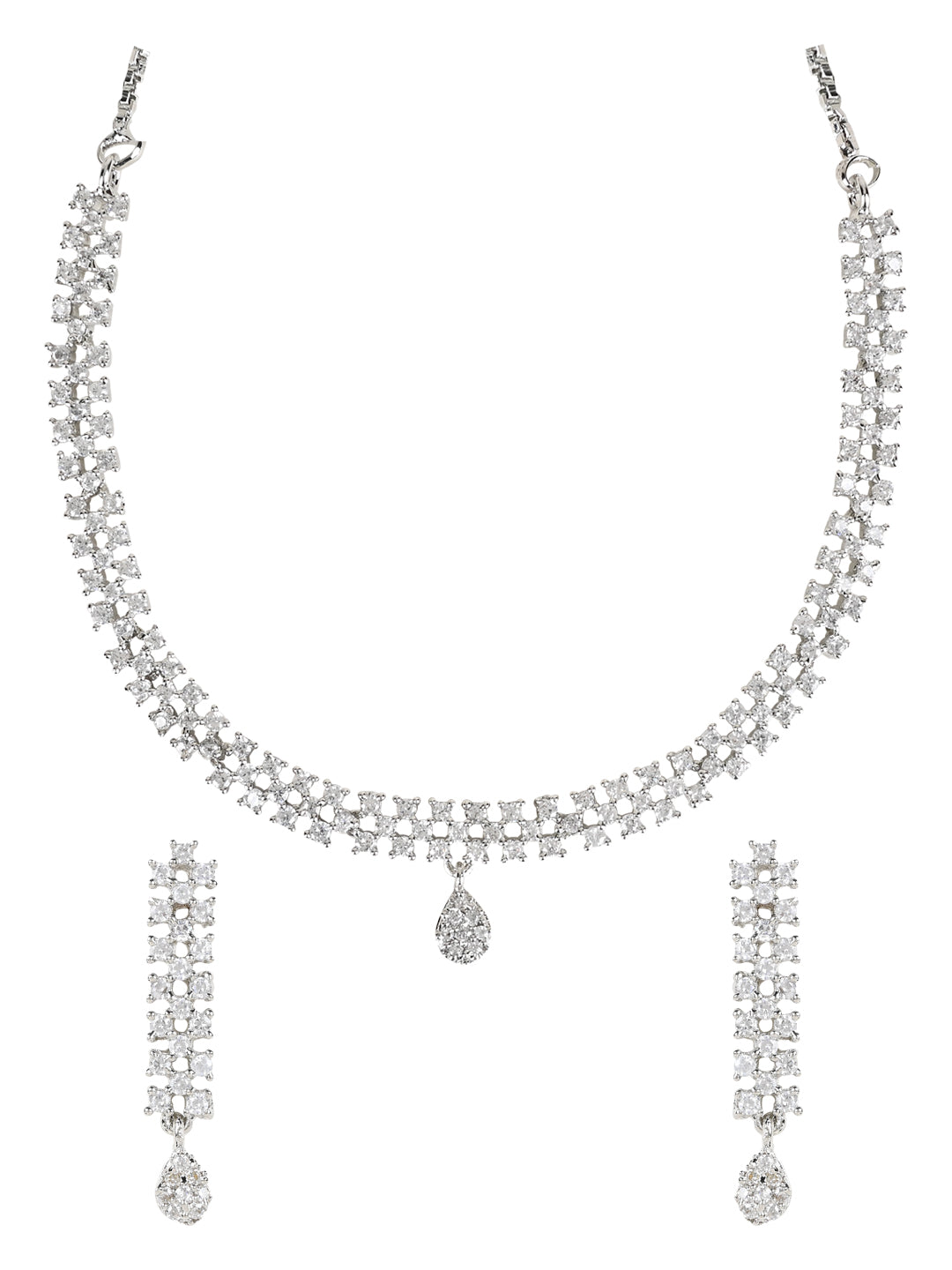 Etnico Stylish Silver Plated Cubic Zirconia American Diamond CZ Valentines Special Chain Necklace With Earrings Set for Women