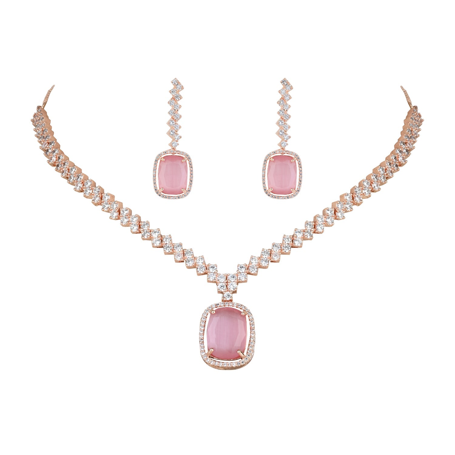 Etnico Rose Gold Plated Cubic Zirconia American Diamond Special Necklace With Drop Earrings Jewellery Set for Women