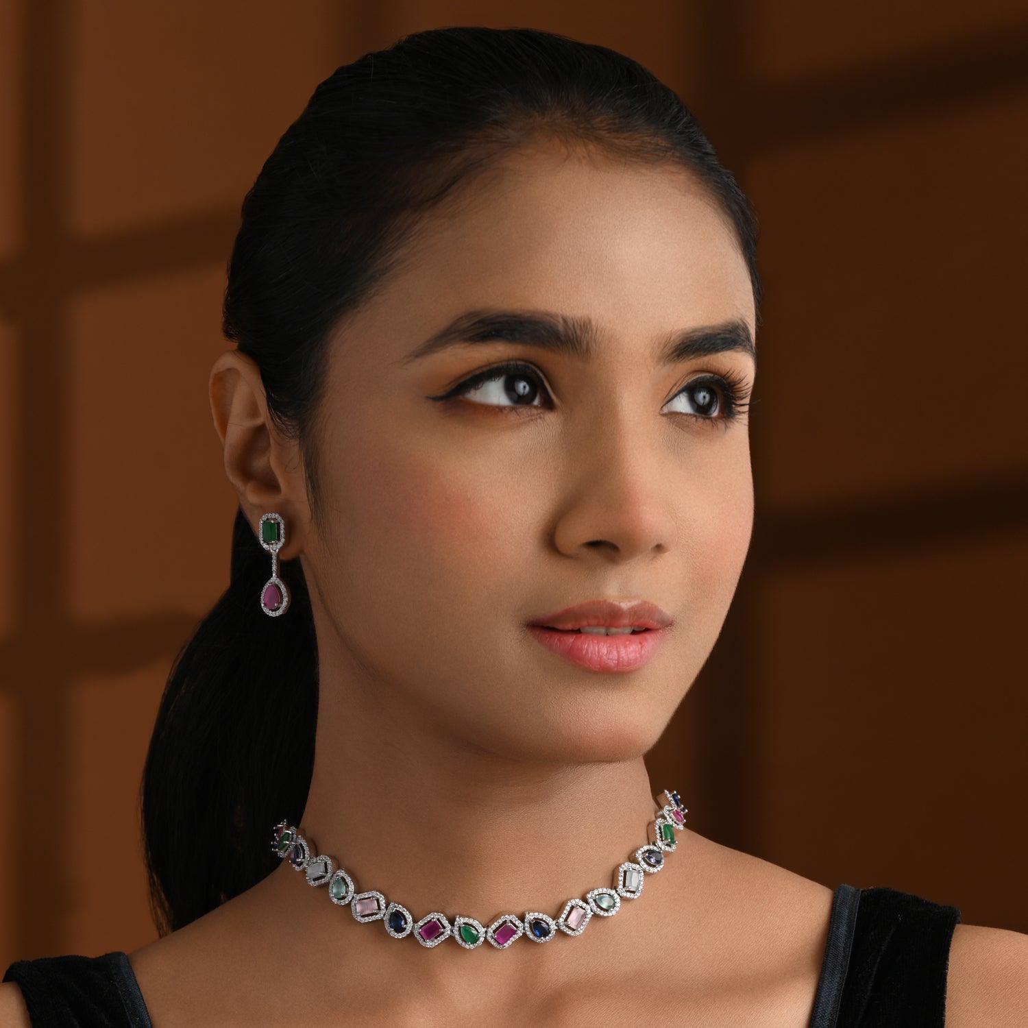 Etnico Silver Plated Cubic Zirconia American Diamond Necklace & Earrings Jewellery Set for Women