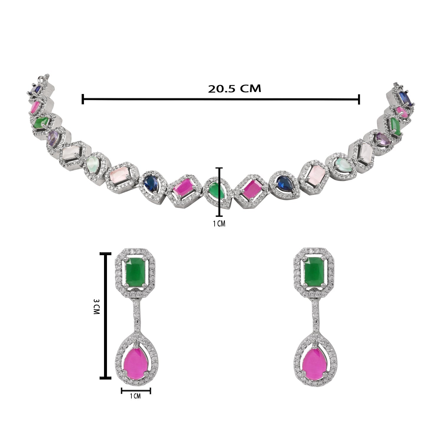 Etnico Silver Plated Cubic Zirconia American Diamond Necklace & Earrings Jewellery Set for Women