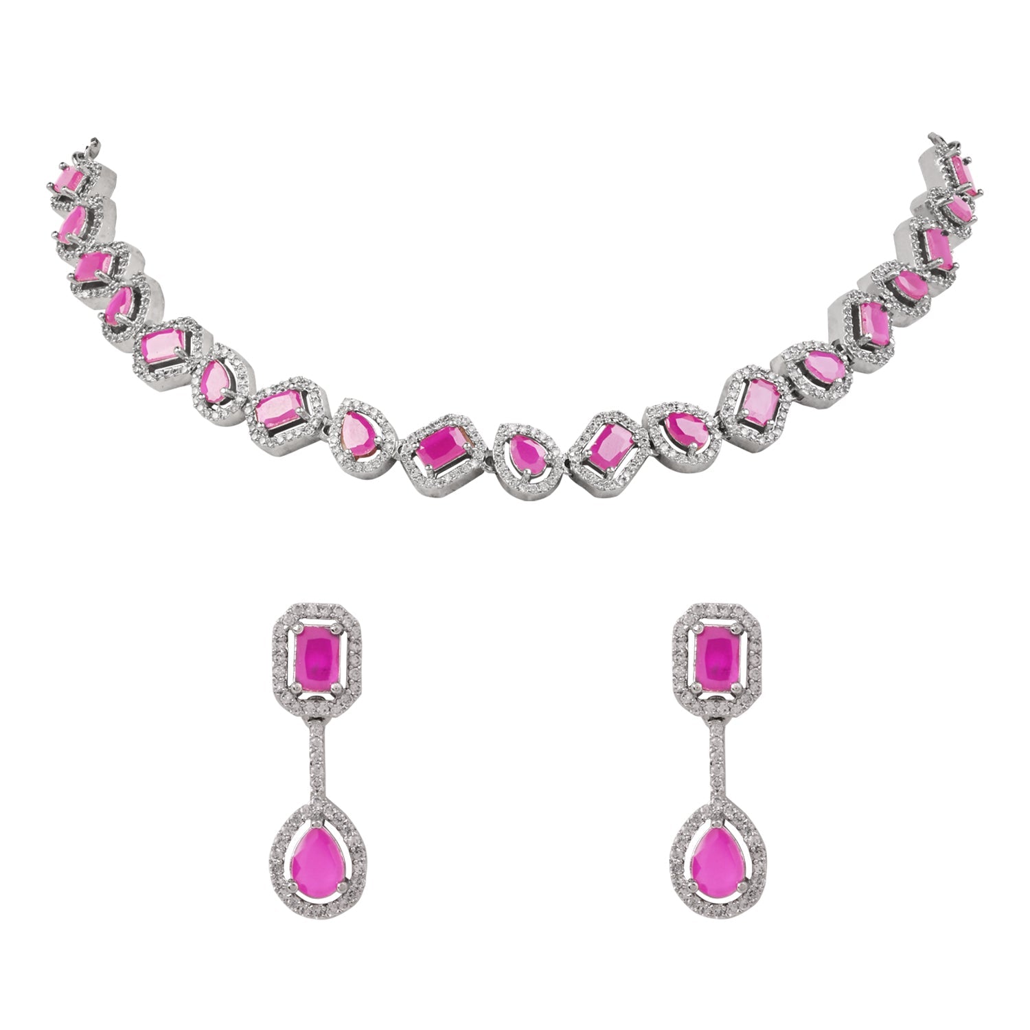 Etnico Silver Plated Cubic Zirconia American Diamond Necklace & Earrings Jewellery Set for Women