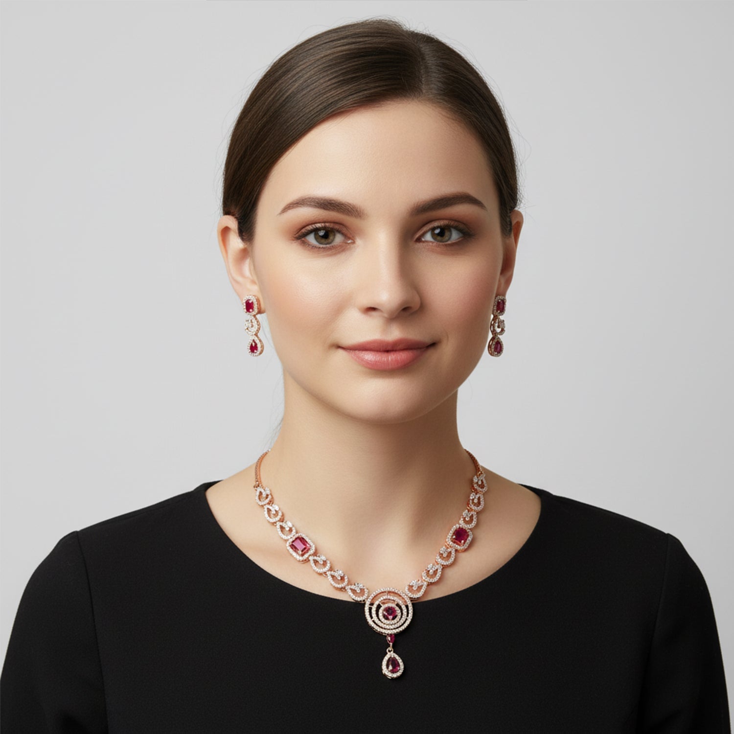 Etnico Gold Plated American Diamond Cubic Zirconia Necklace Set with Earrings