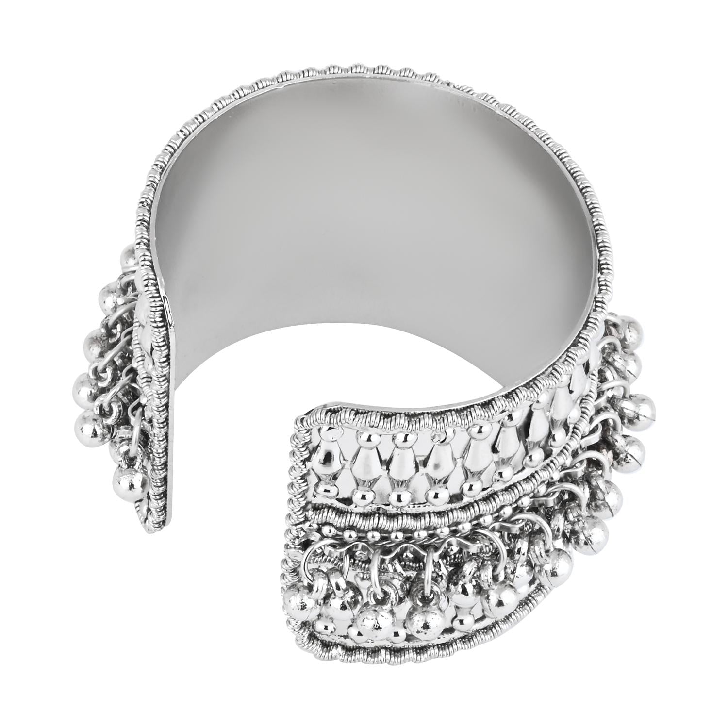 Etnico Navratri Ethnic Silver Oxidised Adjustable Afghani Ghungroo Cuff Kada Bracelet For Women (Style 2)